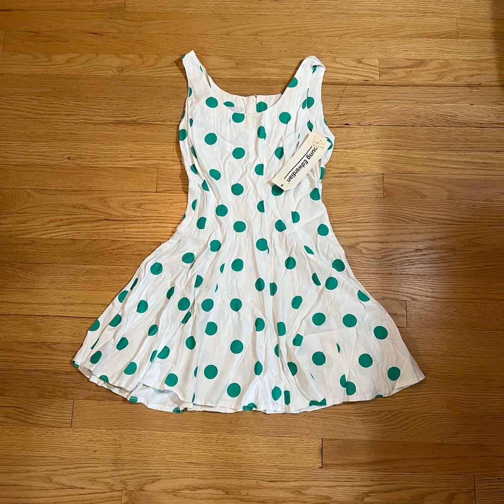 Vtg Pleated Midi Dress Green Polka Dot Young Edwardian by Arpeja Juniors Sz9 NOS